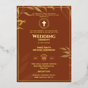 Invitation En Aluminium Terracotta Gold Catholique Mariage Élégant Forme