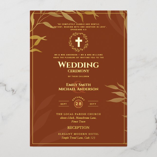 Invitation En Aluminium Terracotta Gold Catholique Mariage Élégant Forme (Recto)