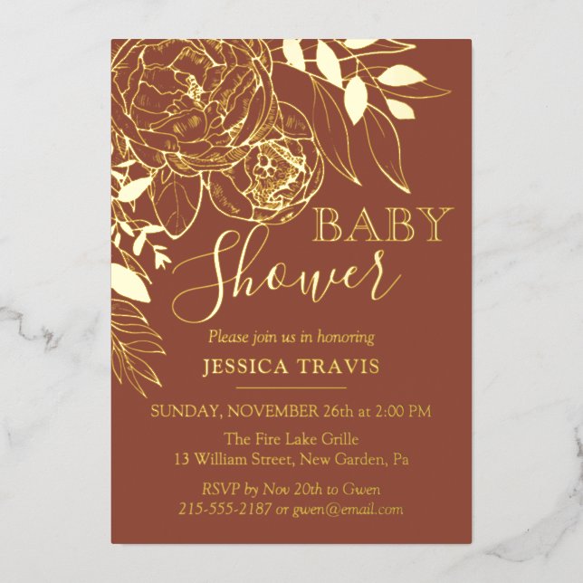 Invitation En Aluminium Terracotta & Or Baby shower Floral moderne (Recto)