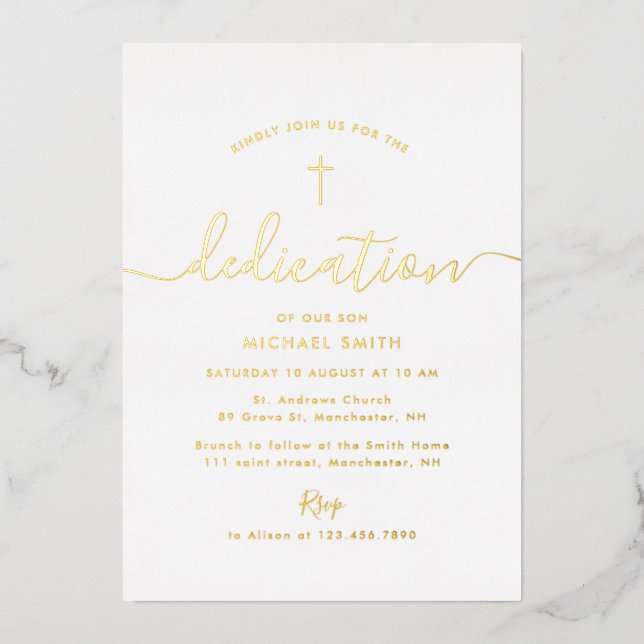 Invitation En Aluminium texte de dédicace simple croix dorée (Recto)