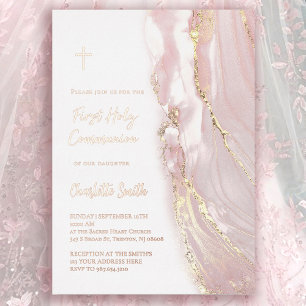 Invitation En Aluminium Texte de feuille d'or rose Première communion