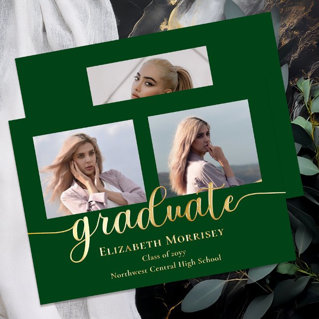 Invitation En Aluminium Texte de script doré élégant et chic pour diplômé  (Elegant Modern 3 Photo Script Text Graduation Gold Foil Announcement - Green)