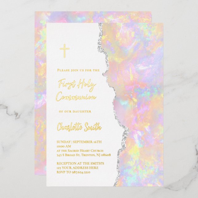 Invitation En Aluminium texte feuille d'or Première Communion (Recto/Verso)