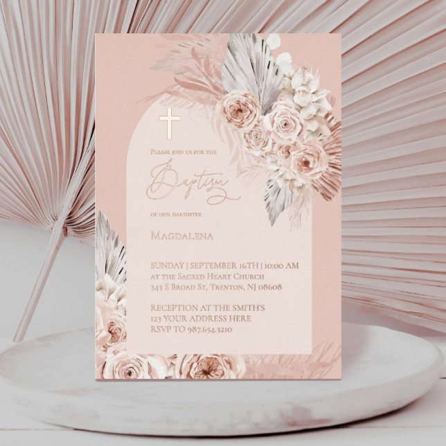 Invitation En Aluminium texte or rose baptême fleurs boho (Créateur téléchargé)