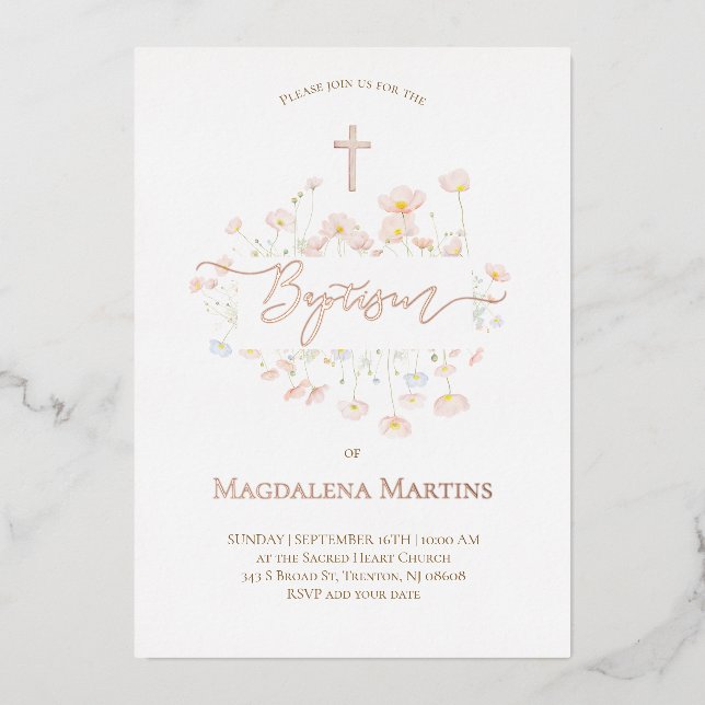 Invitation En Aluminium texte or rose baptême fleurs délicates (Recto)