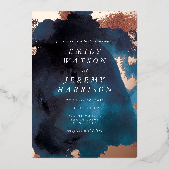 Invitation En Aluminium Texture d'aquarelle mariage Navy Moody (Recto)