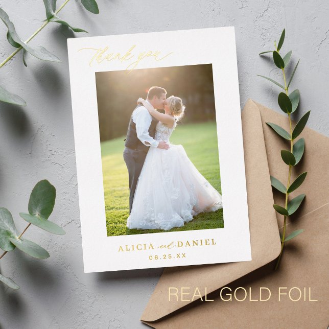 Invitation En Aluminium Thank you wedding photo gold script white  (Créateur téléchargé)