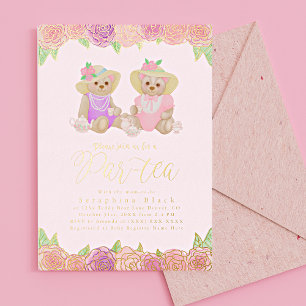 Invitation En Aluminium Thé à la poupée mignon ours en peluche floral Baby