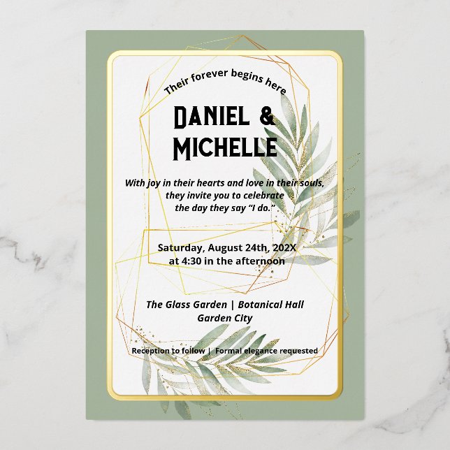 Invitation En Aluminium Thème botanique de mariage moderne arqué noir or (Recto)