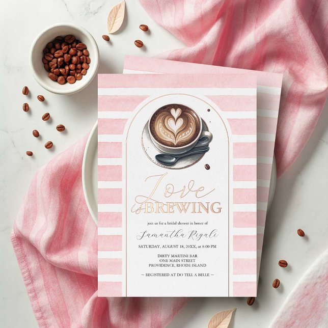 Invitation En Aluminium Thème de Baby Shower Café en Rose et Or Rose (coffee bridal shower theme invitations pink and rose gold with watercolor stripes)