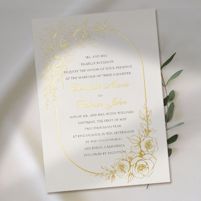 Invitation En Aluminium Thème de rose trésor écru formel classique mariage (gold foil wedding invitation rose frame floral formal traditional modern classic sketch luxury ecru)
