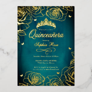 Invitation En Aluminium Thème de Roses de la Couronne d'or turquoise Quinc