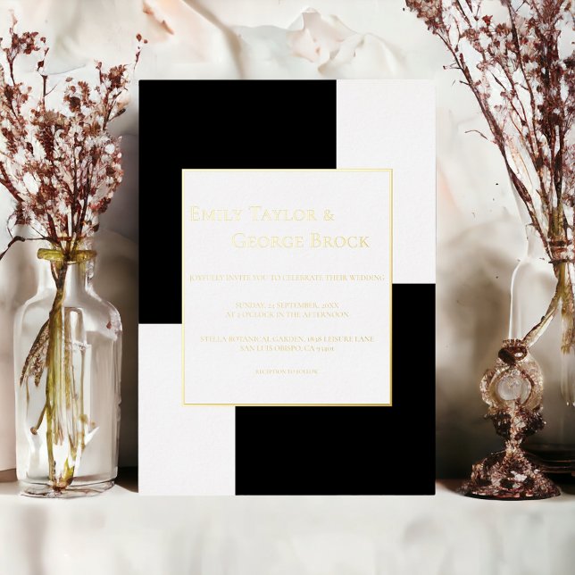 Invitation En Aluminium Thème d'échecs noir et blanc Mariage moderne Or (Créateur téléchargé)