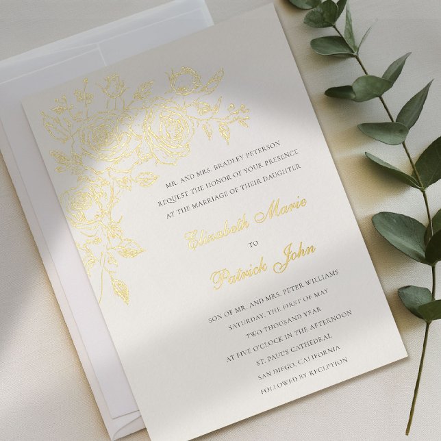 Invitation En Aluminium Thème Rose Forever Ecru Formel Mariage Classique (gold foil wedding invitation rose theme floral formal traditional modern classic art sketch parents )