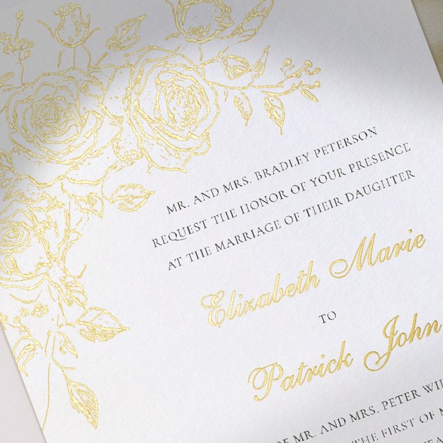 Invitation En Aluminium Thème Rose Forever White Mariage Formel Classique (gold foil wedding invitation rose theme floral formal traditional modern classic art sketch luxury )