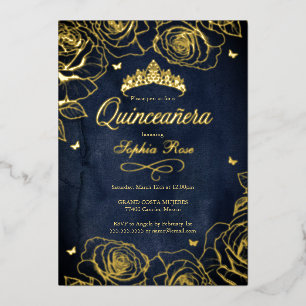 Invitation En Aluminium Thème Roses Couronne d'Or de la Marine pour Quince