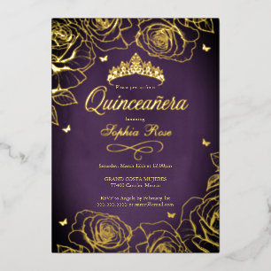 Invitation En Aluminium Thème Roses de la Couronne d'or pourpre Quinceaner