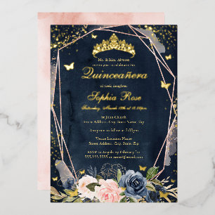 Invitation En Aluminium Tiara Butterfly Floral Navy Quinceanera rose
