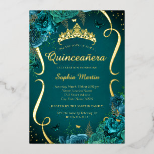 Invitation En Aluminium Tiara Turquoise Rose Floral Butterfly Quinceanera