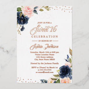 Invitation En Aluminium Tiare florale Navy Blush en feuille d'or ROSE GOLD