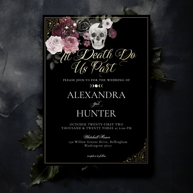 Invitation En Aluminium Til Death Aquarelle Crâne Rose Mariage gothique (Til Death Watercolor Skull Rose Gothic Wedding Foil Black Invitation)