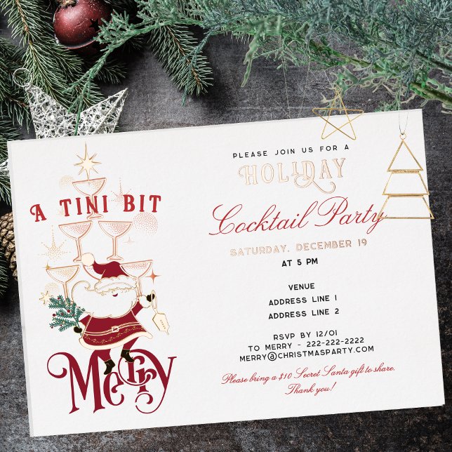 Invitation En Aluminium Tini Bit Merry Martini Bureau Cocktail de Noël (Tini Bit Merry Retro Martini Office Drinks Christmas Cocktail Champagne Glass Tower Foil Invitation)