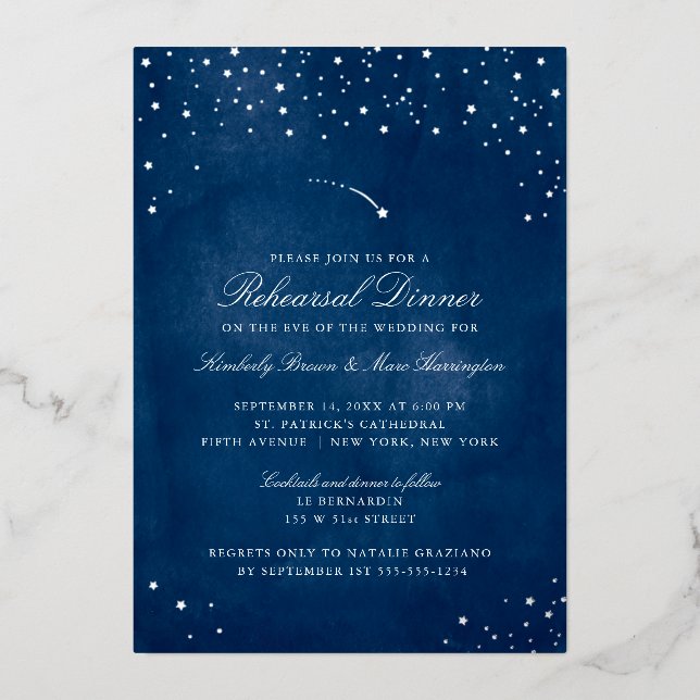 Invitation En Aluminium Tir Star Blue Watercolor Mariage Rehearsal (Recto)