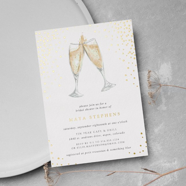 Invitation En Aluminium Toast au Champagne | Réception de Mariage (Elegant champagne theme bridal shower invitations on smooth white paper with gold foil)