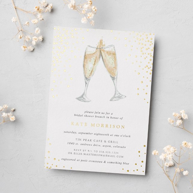 Invitation En Aluminium Toast Champagne | Brunch Fête des mariées (Champagne themed bridal shower invitation on smooth white paper with gold foil accents)