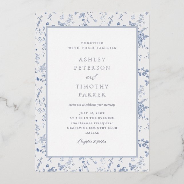 Invitation En Aluminium Toile victorienne Français Bleu Classique Mariage  (Recto)