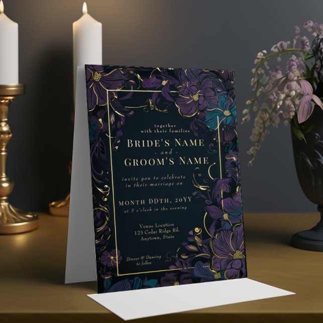 Invitation En Aluminium Ton bijou Violet et Fleurs Turquoises (Créateur téléchargé)