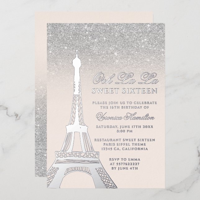 Invitation En Aluminium Tour Eiffel chic argent parties scintillant rose S (Recto/Verso)