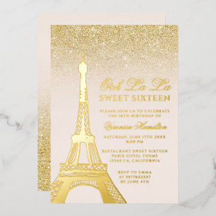 Invitation En Aluminium Tour Eiffel chic or brillant rose Sweet 16