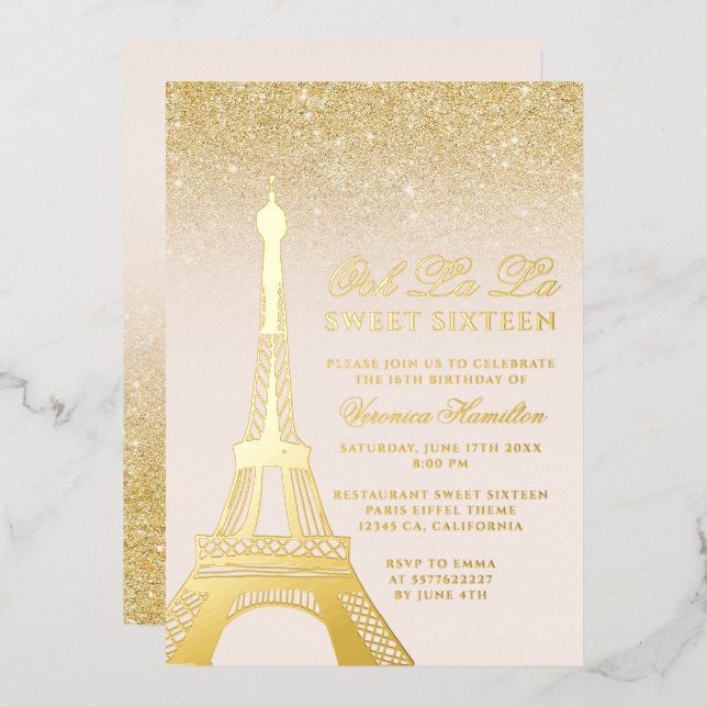 Invitation En Aluminium Tour Eiffel chic or parties scintillant rose Sweet (Recto/Verso)