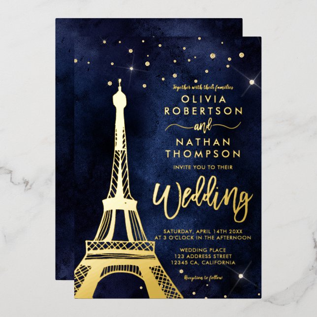 Invitation En Aluminium Tour Eiffel parties scintillant or chic mariage ét (Recto/Verso)