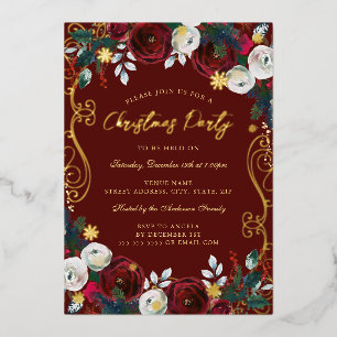 Invitation En Aluminium Tourbillon d'or Floral Rouge Vert Fête de Noël Phu