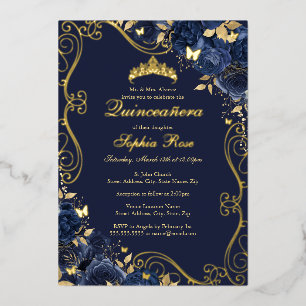 Invitation En Aluminium Tourbillon Floral Navy Or Quinceanera Papillon Dor