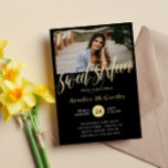 Invitation En Aluminium Tourbillonnant Golden Script Sweet sixteen photo<br><div class="desc">Invitation en sweet sixteen de feuille d'or et noir personnalisée avec une photo de la fille d'anniversaire. Admirez l'invitation à la fête de 16 ans avec une photo et des détails en feuille d'or.</div>