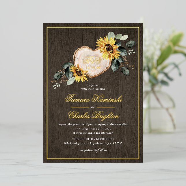 Invitation En Aluminium Tournesol Aquarelle Rustique Mariage de coeur (Debout devant)