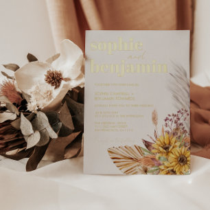 Invitation En Aluminium Tournesol Boho Pampas Fleurs Séchées Mariage Or