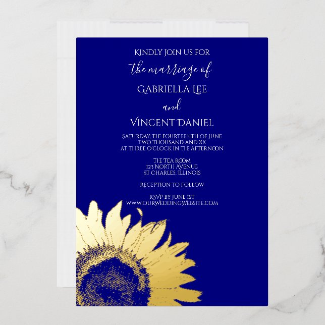 Invitation En Aluminium Tournesol d'or sur Mariage bleu marine (Enveloppe)