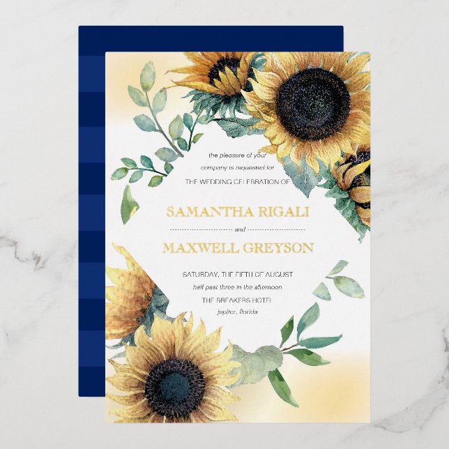 Invitation En Aluminium Tournesol et Mariage bleu rustique de la marine (Recto/Verso)