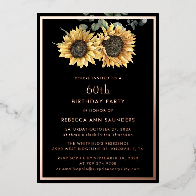 Invitation En Aluminium Tournesol floral 60e anniversaire de fête Gold (Recto)