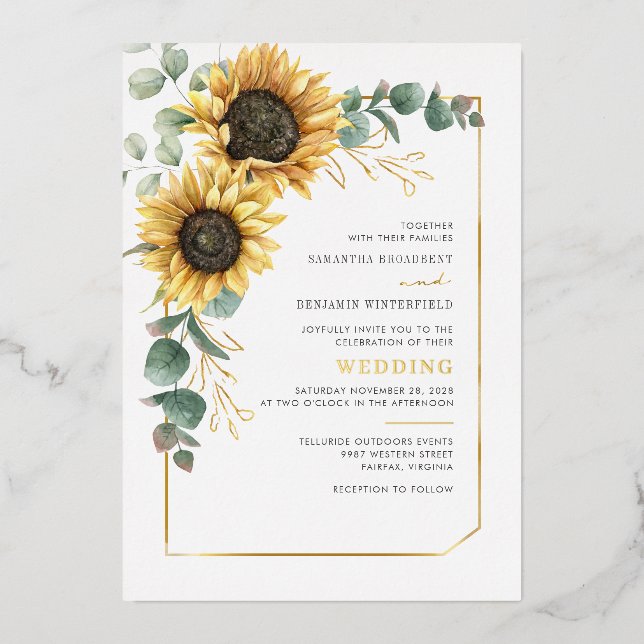 Invitation En Aluminium Tournesol Floral Eucalyptus Vert Or (Recto)