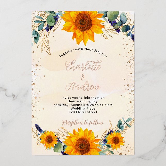 Invitation En Aluminium tournesol mariage eucalyptus or rustique (Recto)