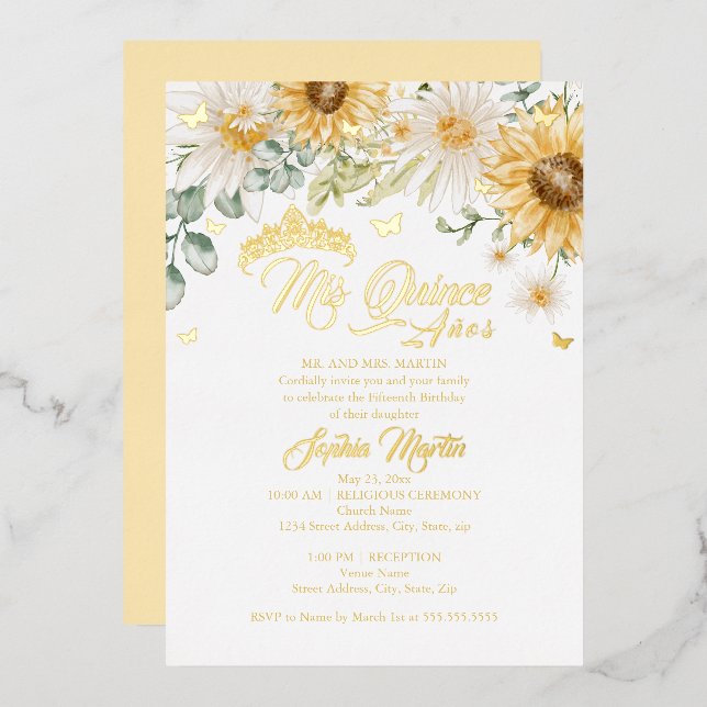 Invitation En Aluminium Tournesol Papillon Mis Quince Quinceanera (Recto/Verso)