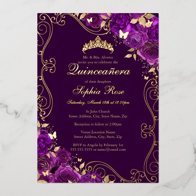 Invitation En Aluminium Tournesol papillon violet Quinceanera (Recto)