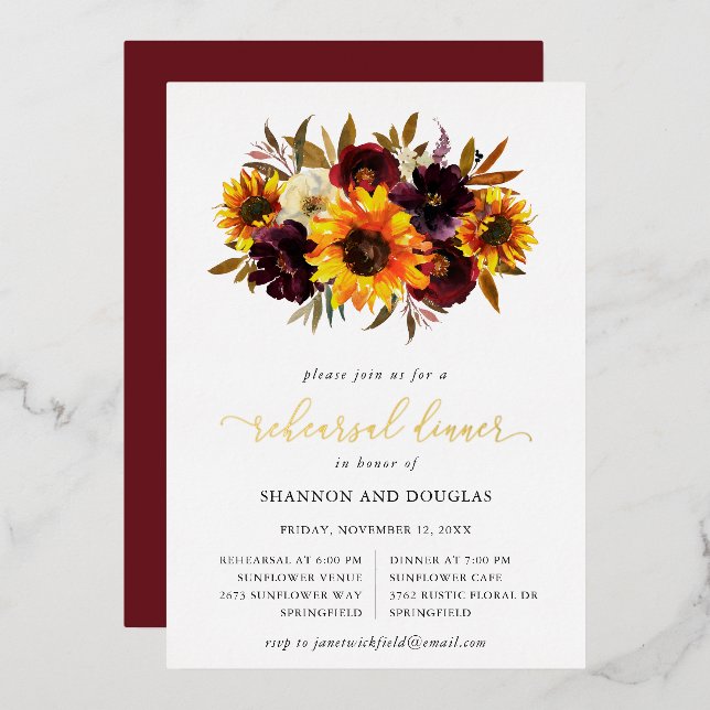 Invitation En Aluminium Tournesol Rose Rustic Automne Dîner de répétition  (Recto/Verso)