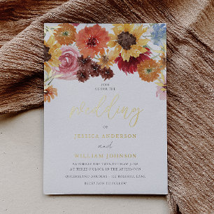 Invitation En Aluminium Tournesols Dorés Mariage Floral Été Or