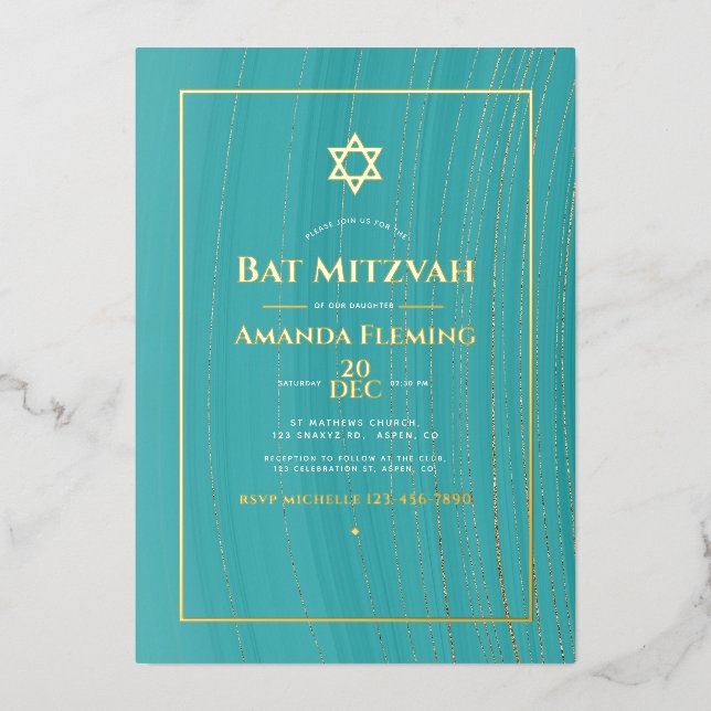 Invitation En Aluminium Tourquoise et Gold Faux Agate Photo Bat mitzvah Fa (Recto)